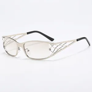 Y2K vintage metal sunglasses with unique geometric hollow grid temples and silver frames