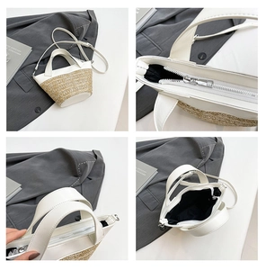 Detail of summer woven bucket bag showing premium leather stitching and zipper closure