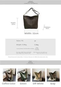 Size chart for women's large PU tote bag showing dimensions and four available colors