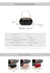 Detail view of bow evening clutch bag specifications with PU material and chain dimensions