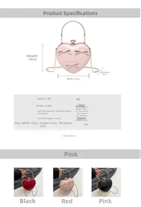 Detailed dimension guide for heart-shaped PU evening bag with bow and diamond clasp