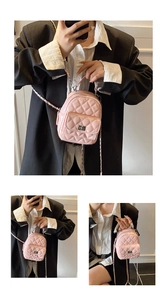 Three views of pink quilted patent leather mini backpack with chain strap and twist lock