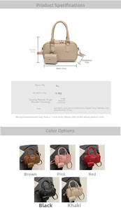 Detailed dimensions of a textured woven Boston bag with dimensions and small charm pouch