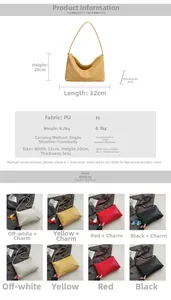 Detailed technical diagram showing PU leather tote bag dimensions 32x20x5cm and colors