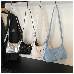 Chic hobo shoulder bags in silver, black, beige, and blue with round metal buckles