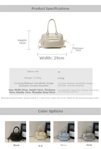 Detailed spec sheet and multi-color view of a retro PU leather shoulder and backpack