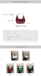 Size guide for patent leather crescent bag showing dimensions 21x11x6 cm and weight