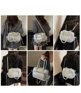 Six views of a silver metallic tote bag showing handheld, shoulder and crossbody styles