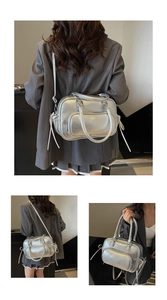 Detailed views of a large silver metallic handbag with dual handles and side tassels