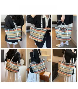 Multiple views of a striped straw tote bag with silver straps in various indoor settings