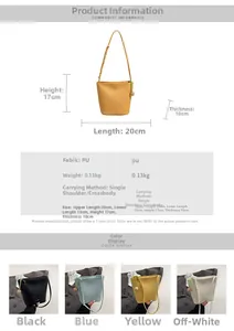 Detailed size specifications and color options for the vintage PU bucket shoulder bag