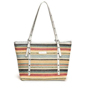 Multicolor striped woven tote bag with silver leather shoulder strap and metallic logo plate