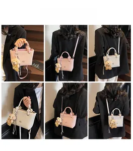 Collage of model showing hand-held and crossbody ways to wear the chic bucket bag