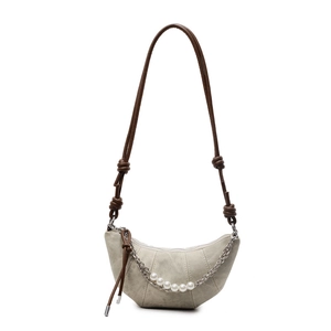 Sac hobo croissant gris clair minimaliste avec chaîne en perles et lanières à nœuds