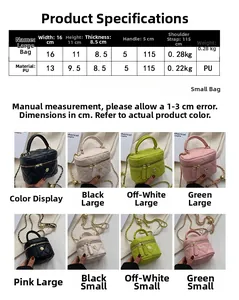 Size chart and dimensions for the quilted crossbody bag with top handle and chain strap