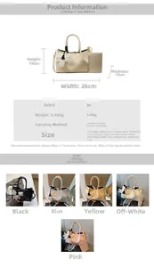 Detailed size specifications and multi-color options for the woven PU leather handbag set