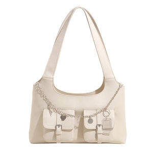 Minimalist cream white leather underarm bag with silver charm chain and dual front pockets