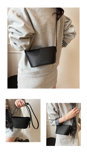 Three-way view of black lychee grain leather bucket bag in shoulder and crossbody style