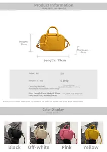 Detailed spec chart of mini PU leather bag showing 19x12x6cm size and detachable charms