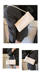 Collage of a white leather shoulder bag featuring thin straps and minimalist logo design