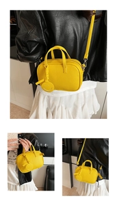 Detail of yellow pillow bag with lychee texture and smiley charm in three views