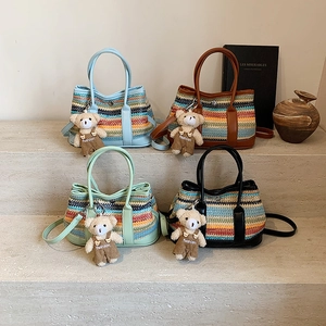 Women Colorful Woven Striped Crossbody Bag PU Leather Underarm Shoulder Bag With Bear Charm Summer Boho Trendy Purse