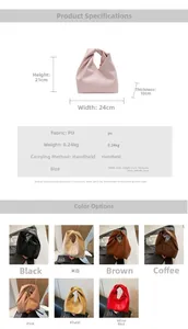 Detailed size specifications and 7 color options for the knotted handle PU handbag