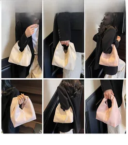 Detailed views of minimalist cloud bag in off-white and pink worn by a model