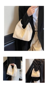 Detailed views of creamy white leather handbag showing pleated design and multiple carrying ways
