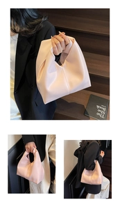 Detailed views of the minimalist light pink PU handbag styled on a shoulder and hand