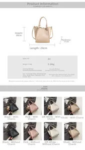 Detailed size chart and multi-color options for the stylish PU leather bucket handbag