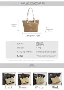 Detailed size chart for straw tote bag showing dimensions for shoulder strap and large capacity