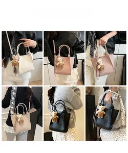 Collage of chic faux leather bucket bags with teddy bear charm in four classic colors