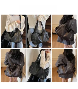 Detailed views of a large capacity retro tote bag with side pockets and crossbody strap