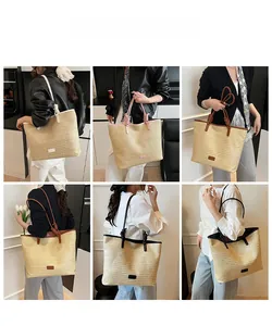 Detail view of straw tote bags in various strap colors shown on a model for size