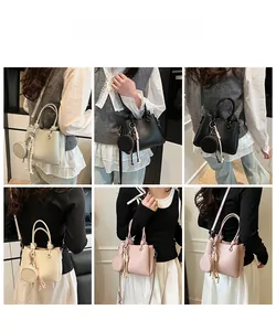 Model lifestyle shots of mini bucket bags in cream, black, and pink with tassels