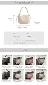 Detailed chart showing bucket bag dimensions and four available colors with crossbody strap