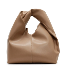 Minimalist camel brown tote bag with twisted handle and central stitching detail
