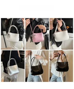 Detailed views of stylish bucket shoulder bags in four colors with bow tassel charms