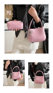 Pink PU leather bucket bag set featuring rhinestone bow and key charms with inner pouch