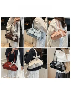 Detailed views of multi-color Boston bags featuring lace bow details and front pockets
