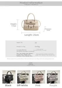 Size chart showing dimensions 25x17x10cm and PU material specs for the handbag