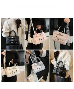 Collage of chic tote bags in four colors styled on models for a casual fashion look