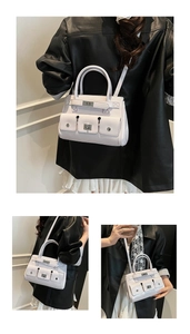 Detail view of stylish multi-pocket handbag with silver turn-lock hardware and strap