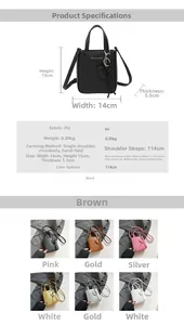 Detailed size specifications for mini bucket bag with heart charm and color options