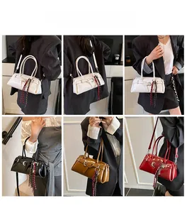 Chic pillow handbag in four colors with belt decoration and plaid silk scarf details