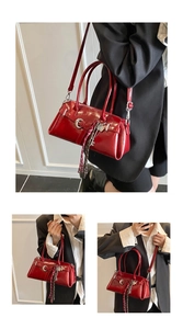 Detailed views of red glossy leather handbag with C-buckle and tassel pendant details