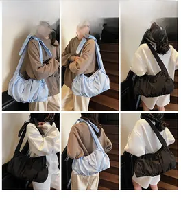 Collage of pleated hobo bags in blue and black colors worn by model in various angles