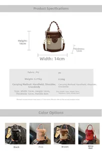 Detail view of contrast color cylinder bag with silk scarf handle and size specifications