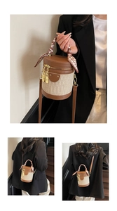 Detail of woven cylinder bucket bag with contrast leather trim and silk scarf handle